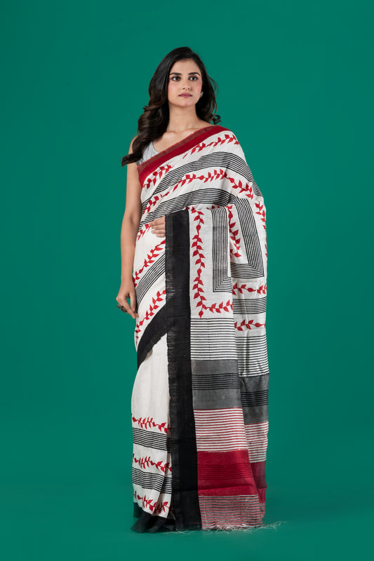 Printed matka silk saree in red and black