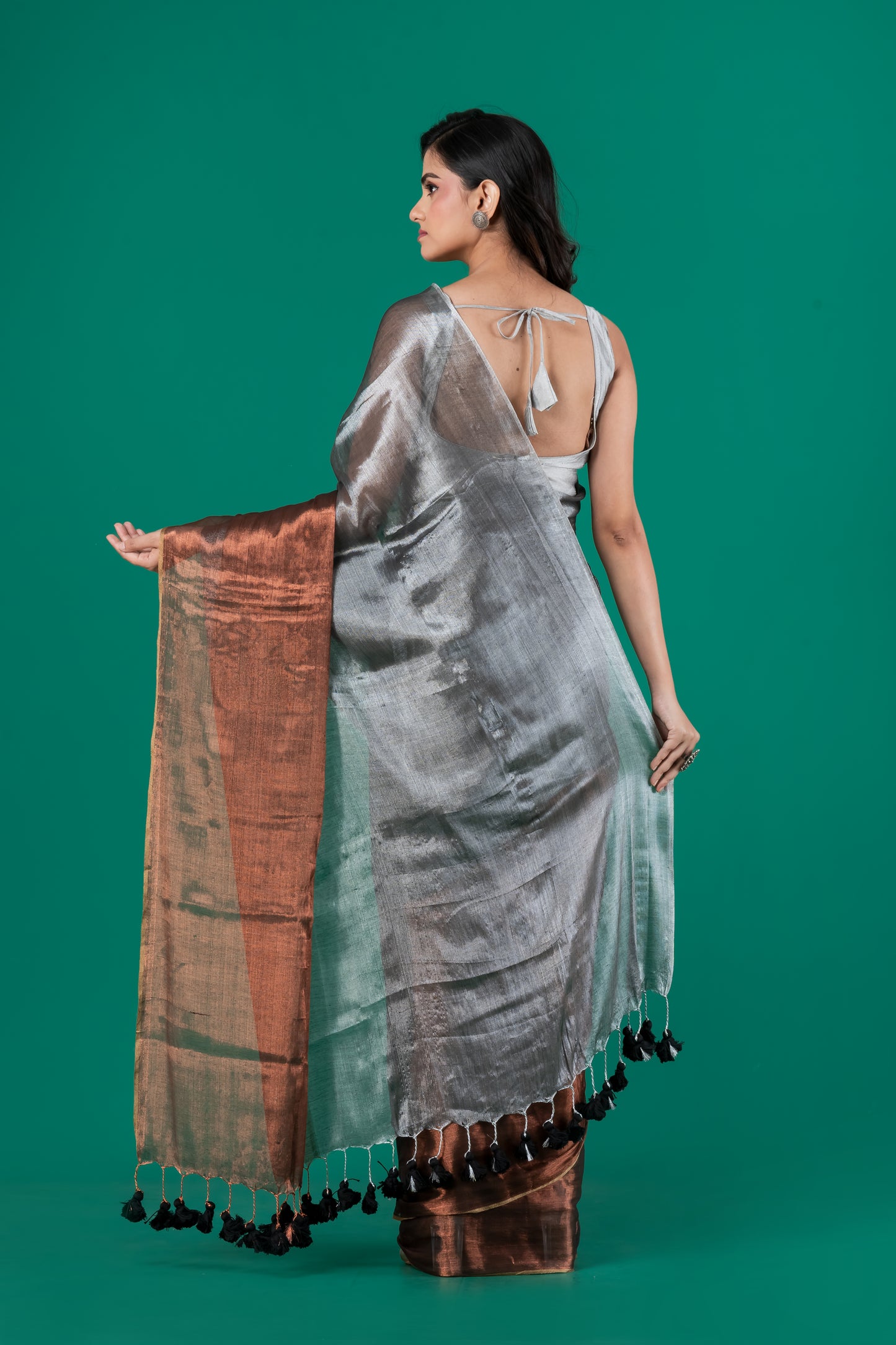 Silver & brown Metallic Cotton Tissue saree