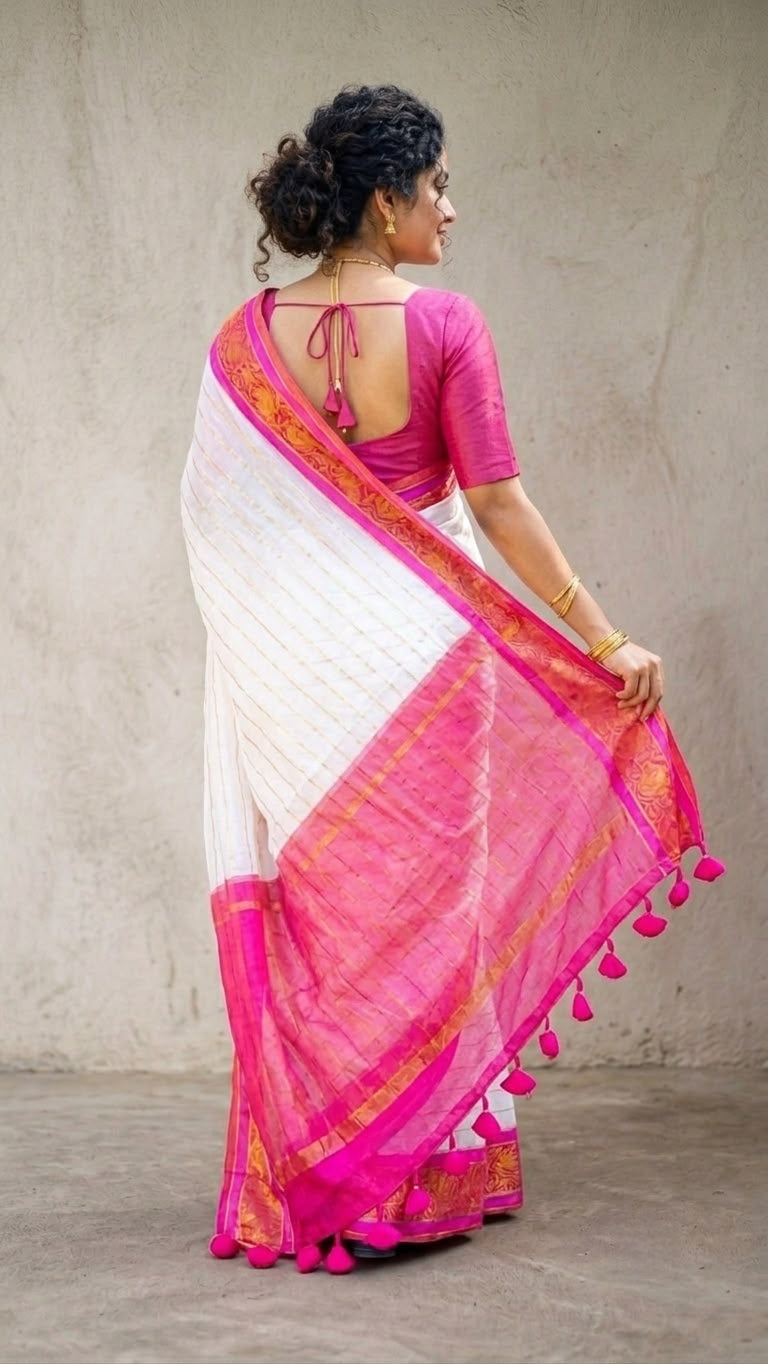 Classic White Mul Cotton Saree with Vibrant Pink Kanchi Zari Border
