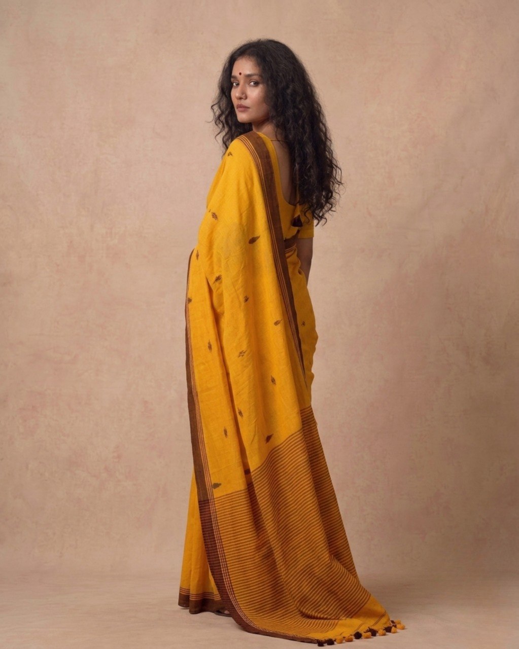 Mustard color handspun cotton saree with maroon bootis