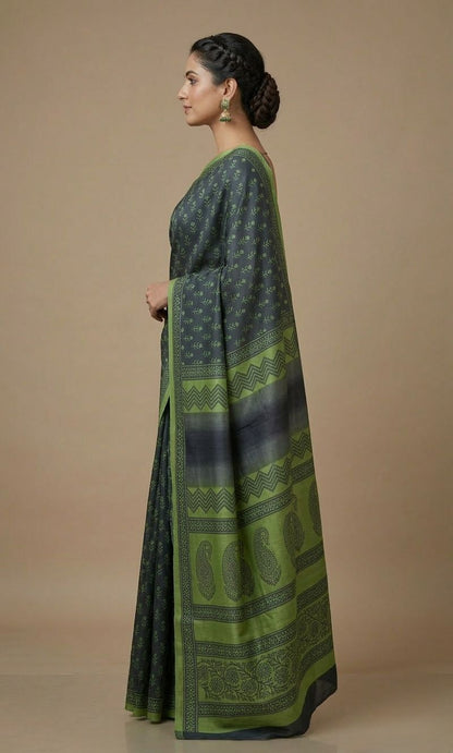 Sage green printed tussar saree