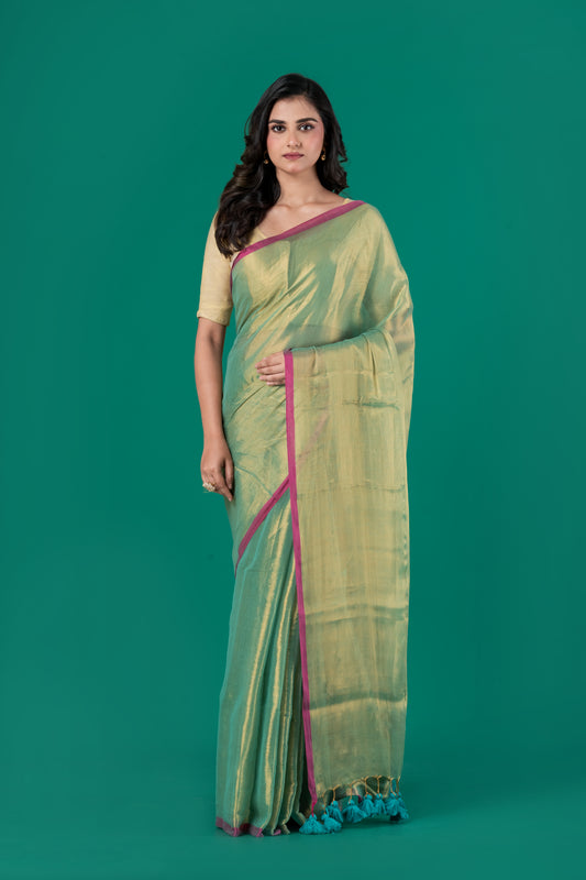 Green dual tone shimmer tissue cotton saree