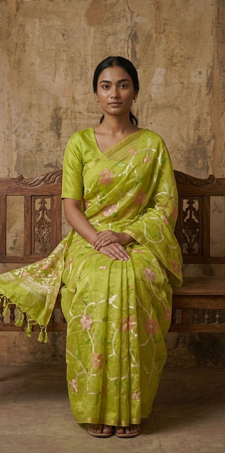 Lime green all over jamdani handwoven resham Silk saree