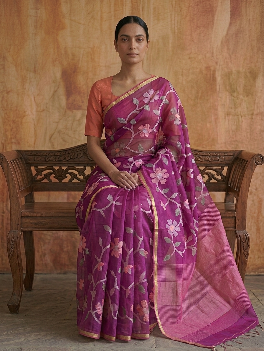 Rani pink all over jamdani resham silk saree