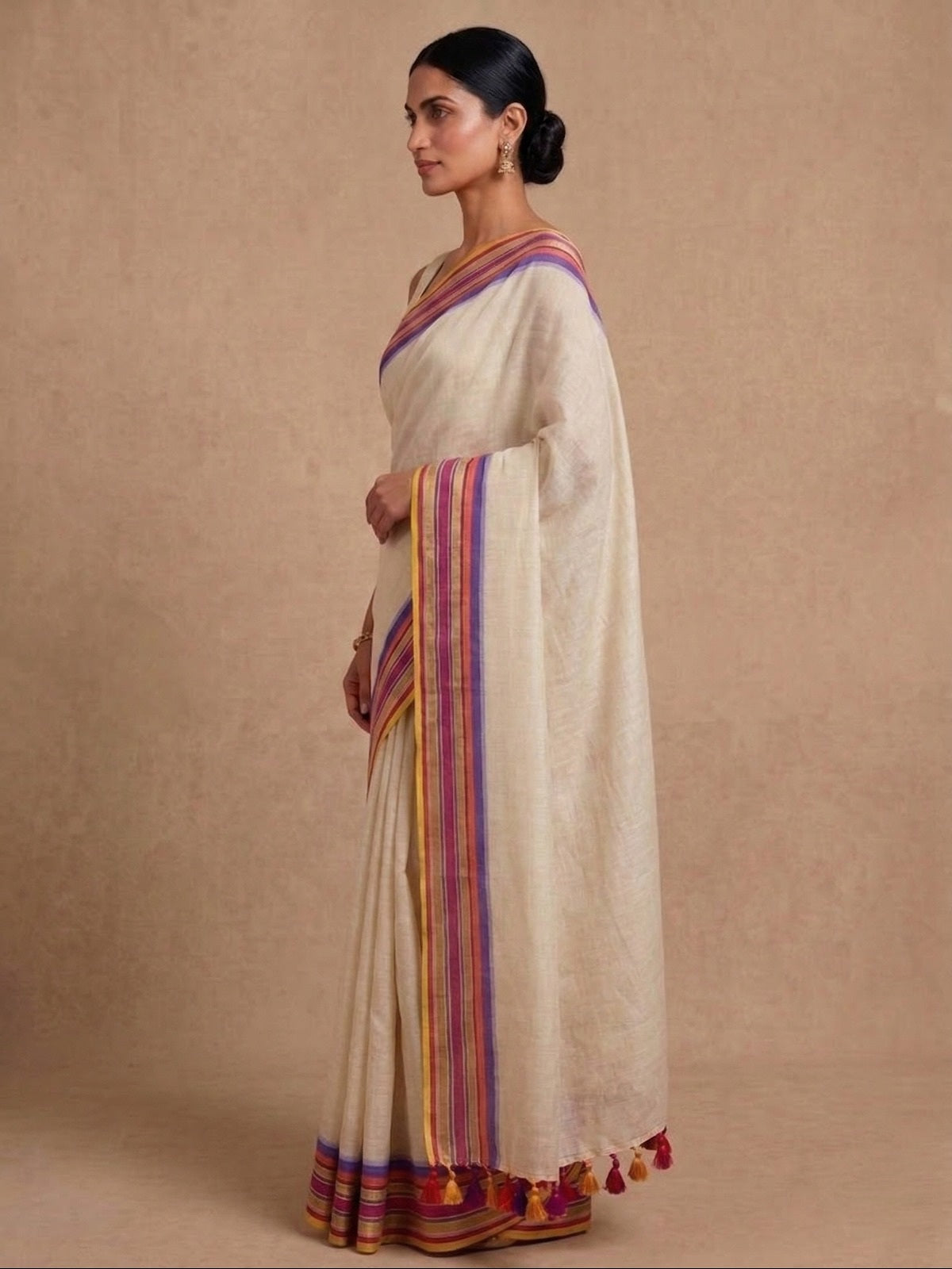 White mulmul cotton saree multi border