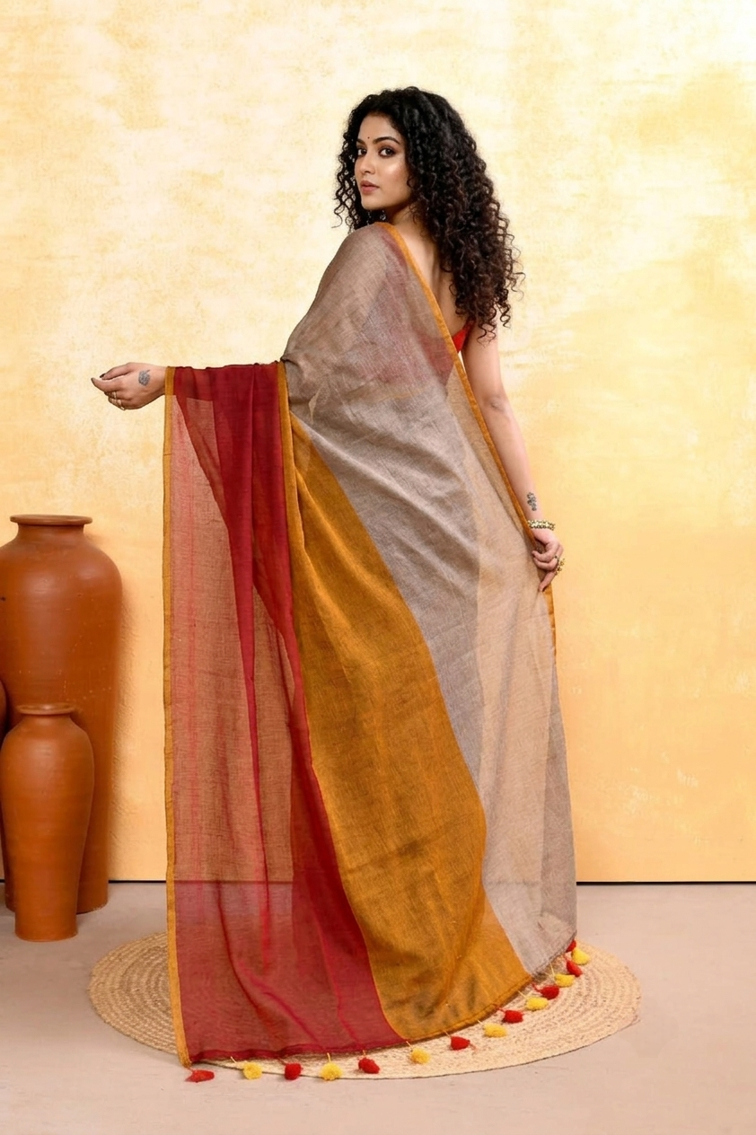 Tri-colour soft mul cotton saree