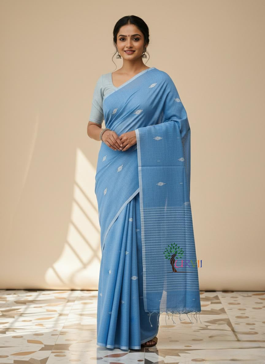 Powder blue mulmul cotton saree