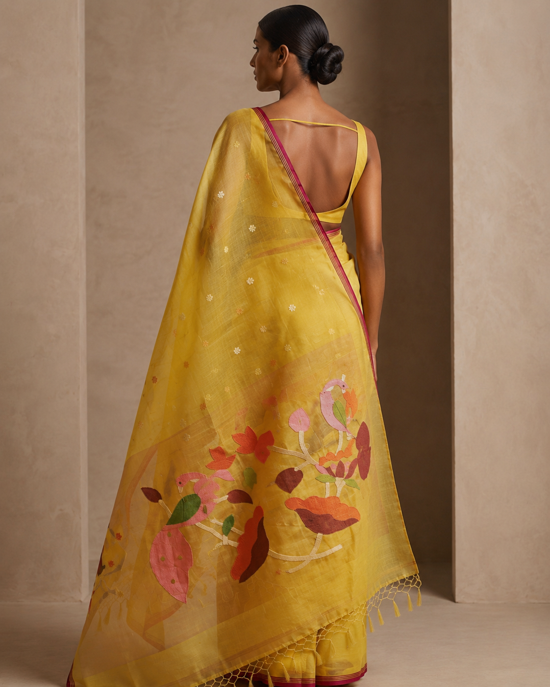 Yellow handspun resham paithni silk saree