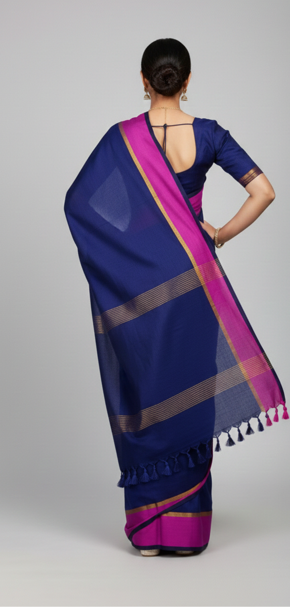 Navy blue mulmul cotton saree