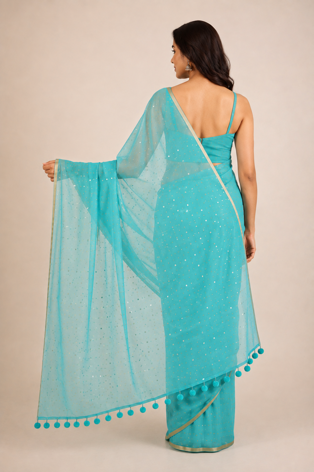 Turqoise blue all over sequins Resham silk saree