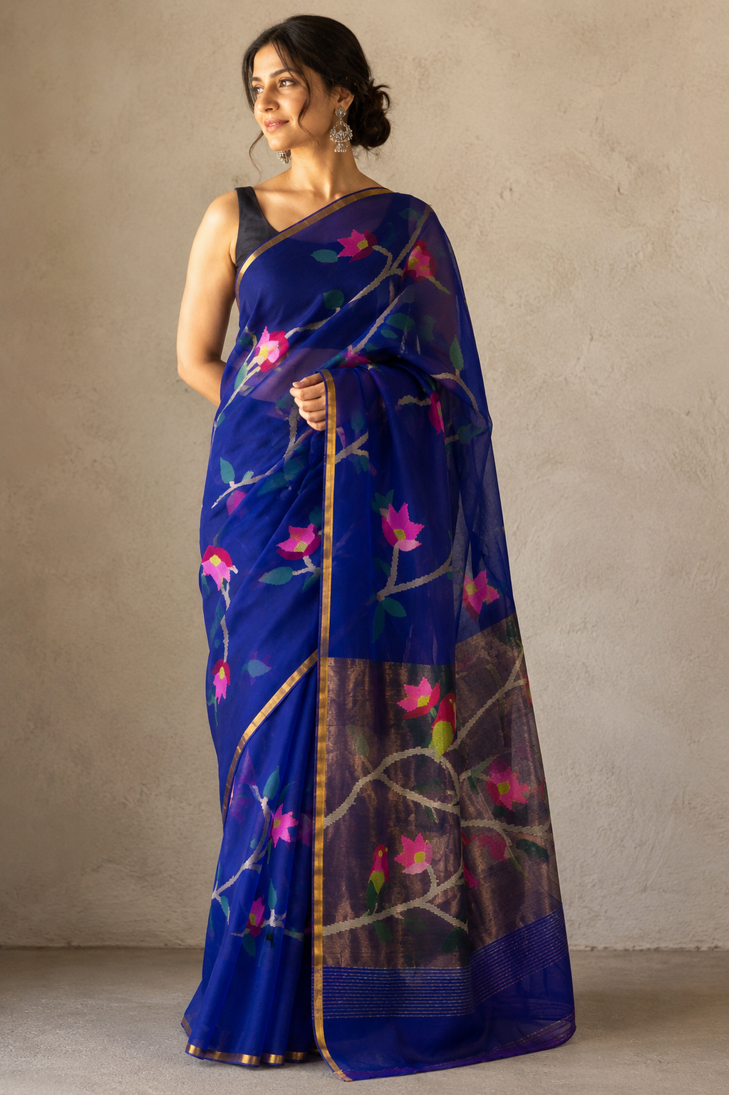Cobalt blue handspun white resham paithni silk saree