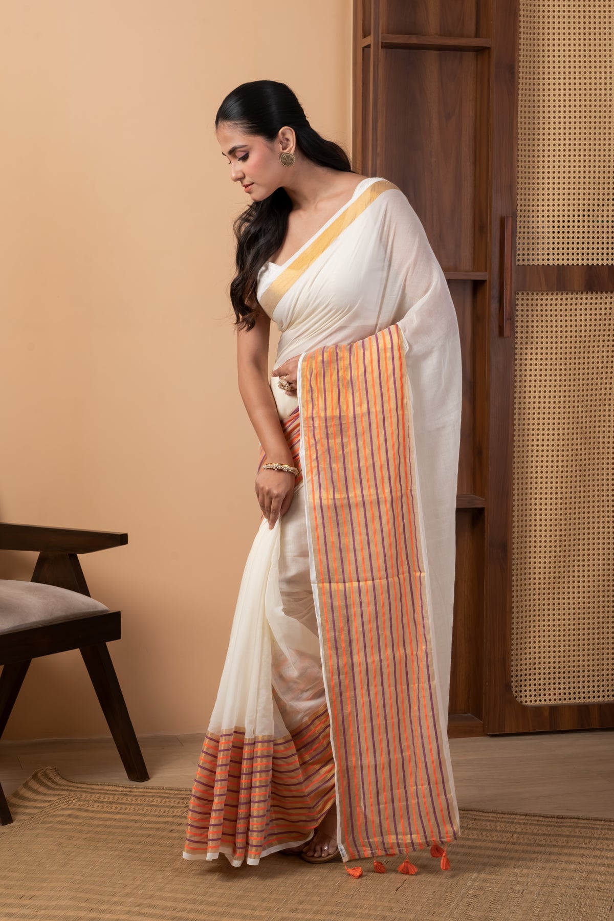 Ivory White Saree with Contrast Orange Golden striped Zari Border