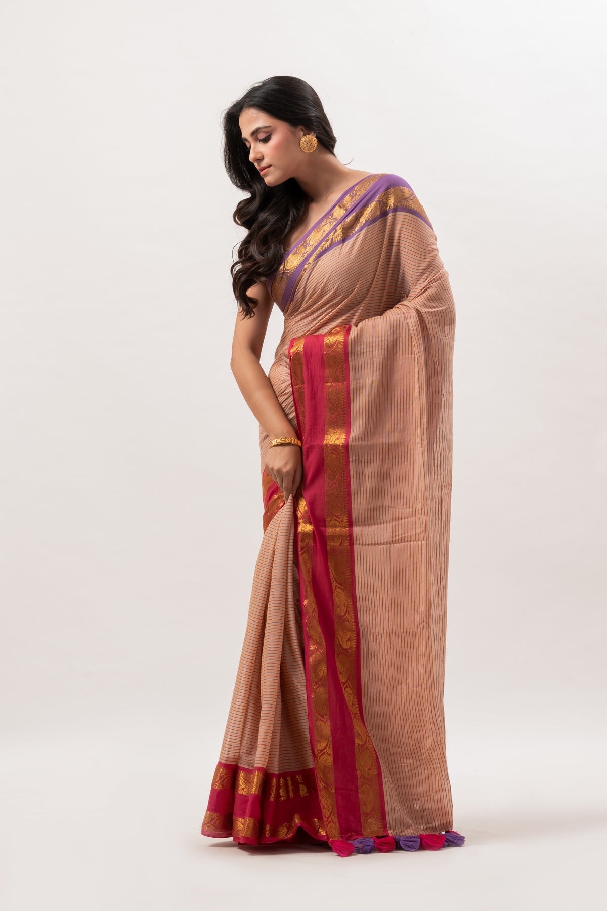 Beige Striped Mul Cotton Saree with Ganga Jamuna Border