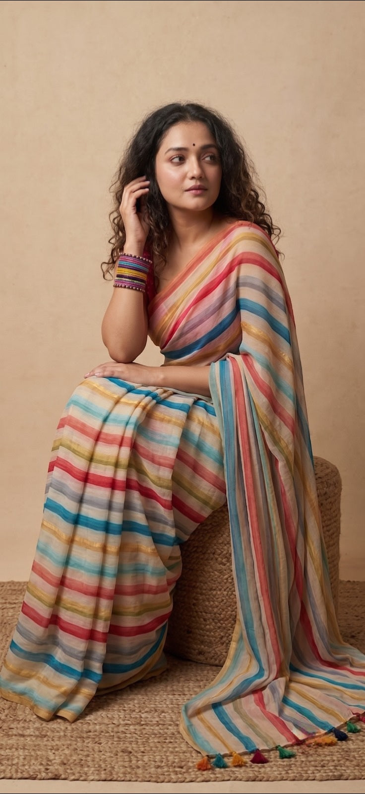 Multi colour striped mulmul cotton saree