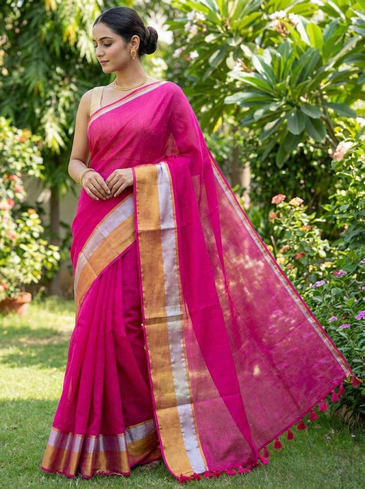 Dark pink mulmul cotton saree