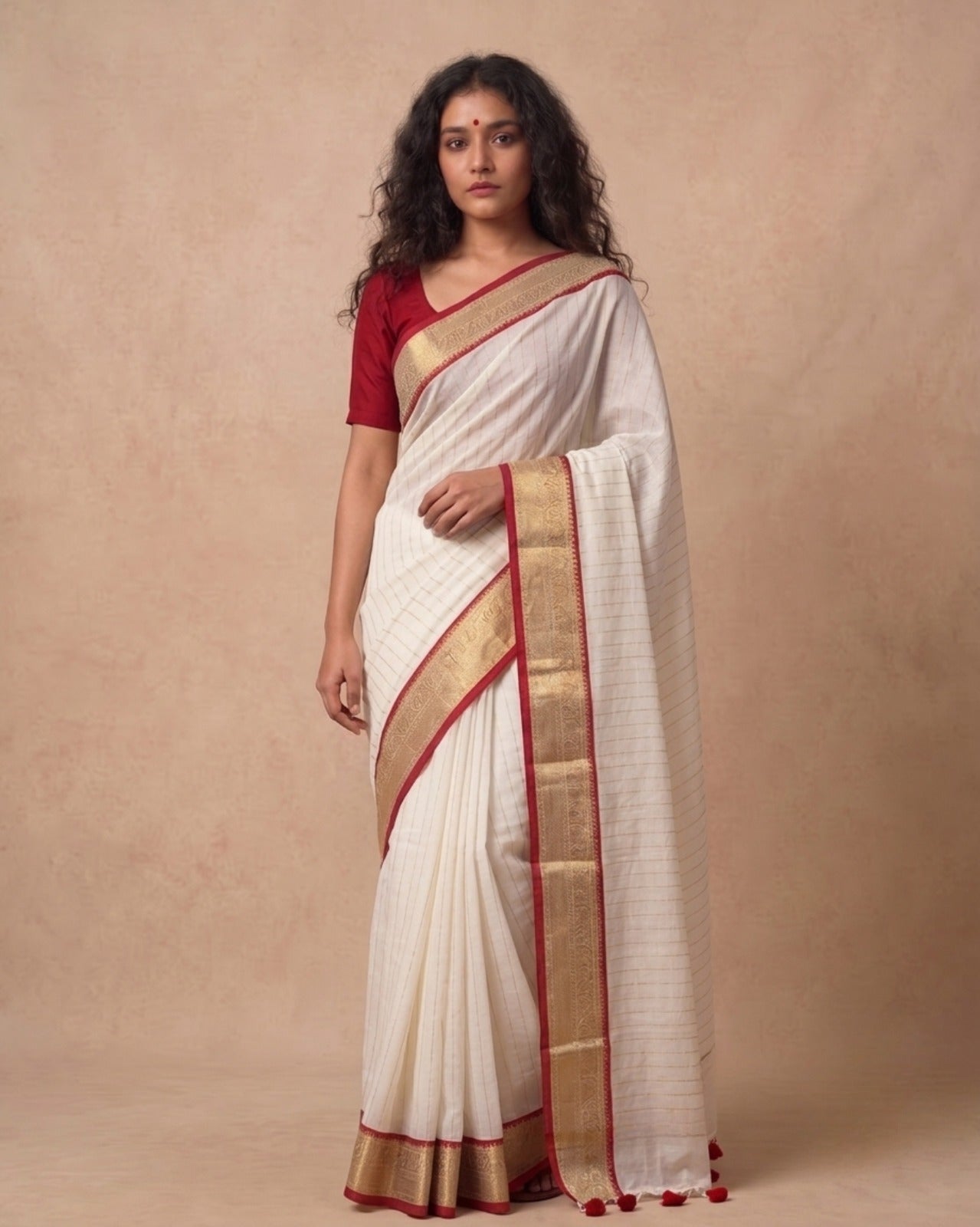 White striped naksha border mul cotton saree