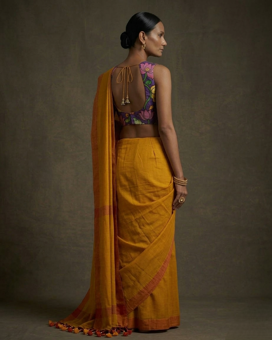 Plain mustard yellow color mangalgiri cotton sarees with hand-painted kalamkari bP .