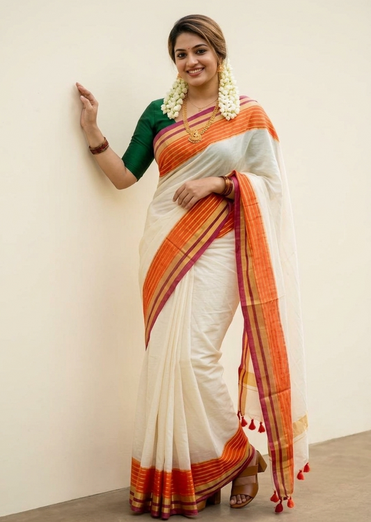 Off white mulmul cotton saree orange border