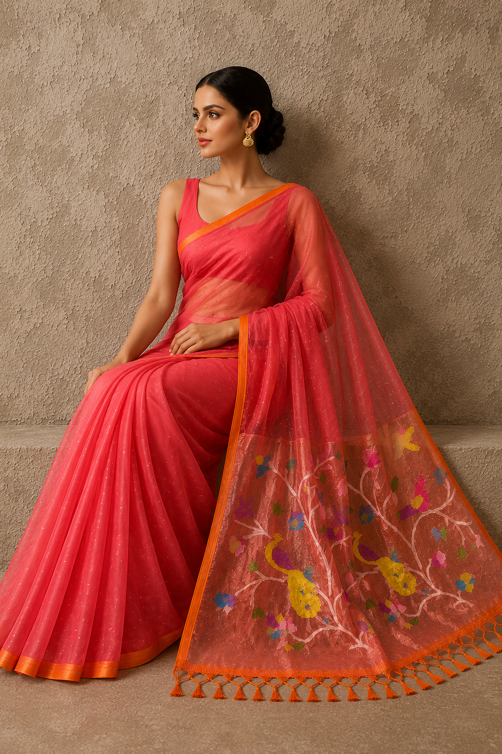 Handspun peach resham mulberry silk saree