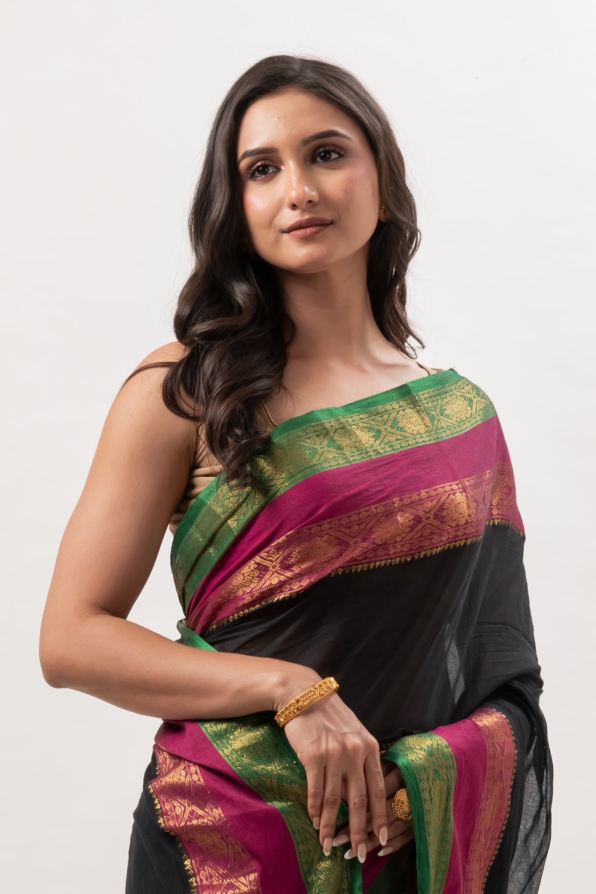 Pink n green kanchi border black mulmul cotton saree