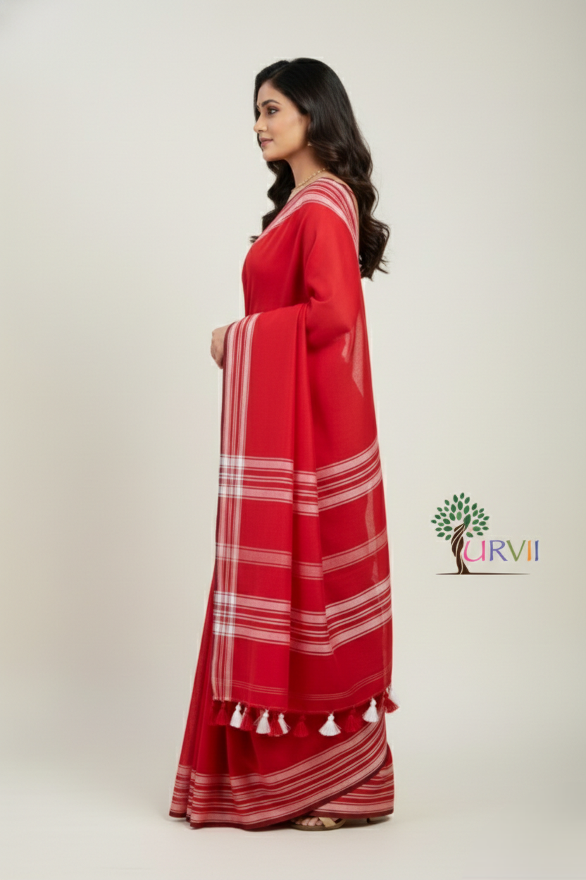 Red mulmul cotton saree