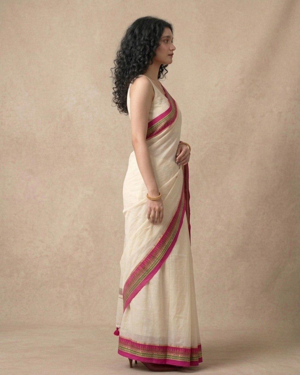 Cream Saree with Vibrant Dual-Tone Pink and Green Edging