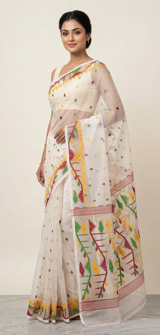 Offwhite handwoven jamdani resham Silk