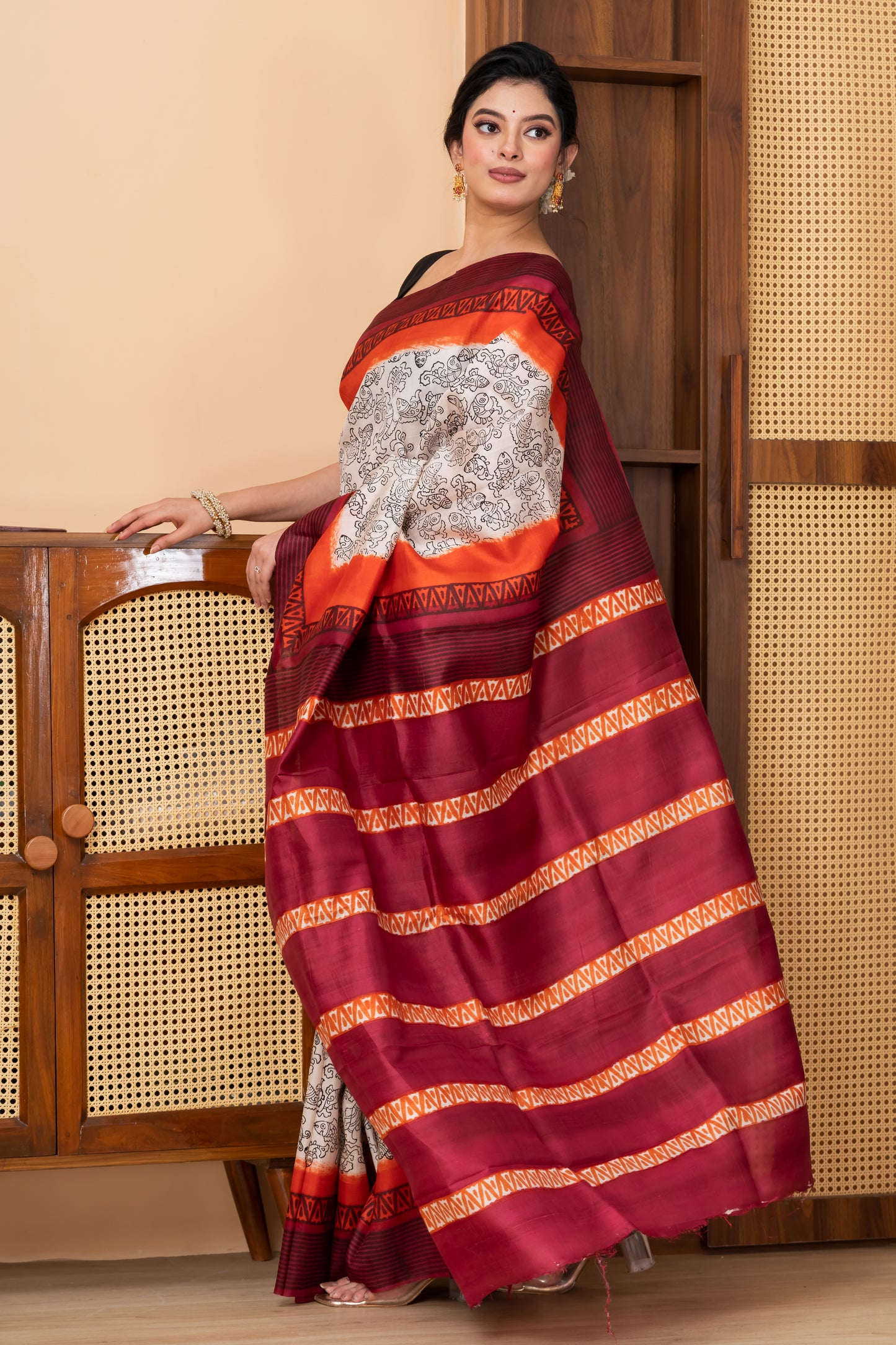 Red and orange border printed pure silk saree