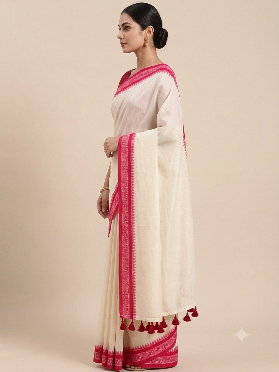 Red naksha border offwhite mul cotton saree