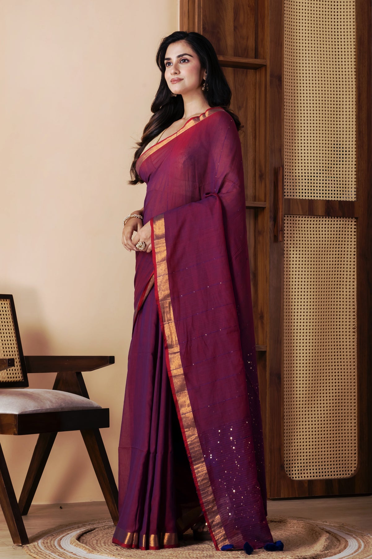 Deep purple premium handspun sequins cotton saree