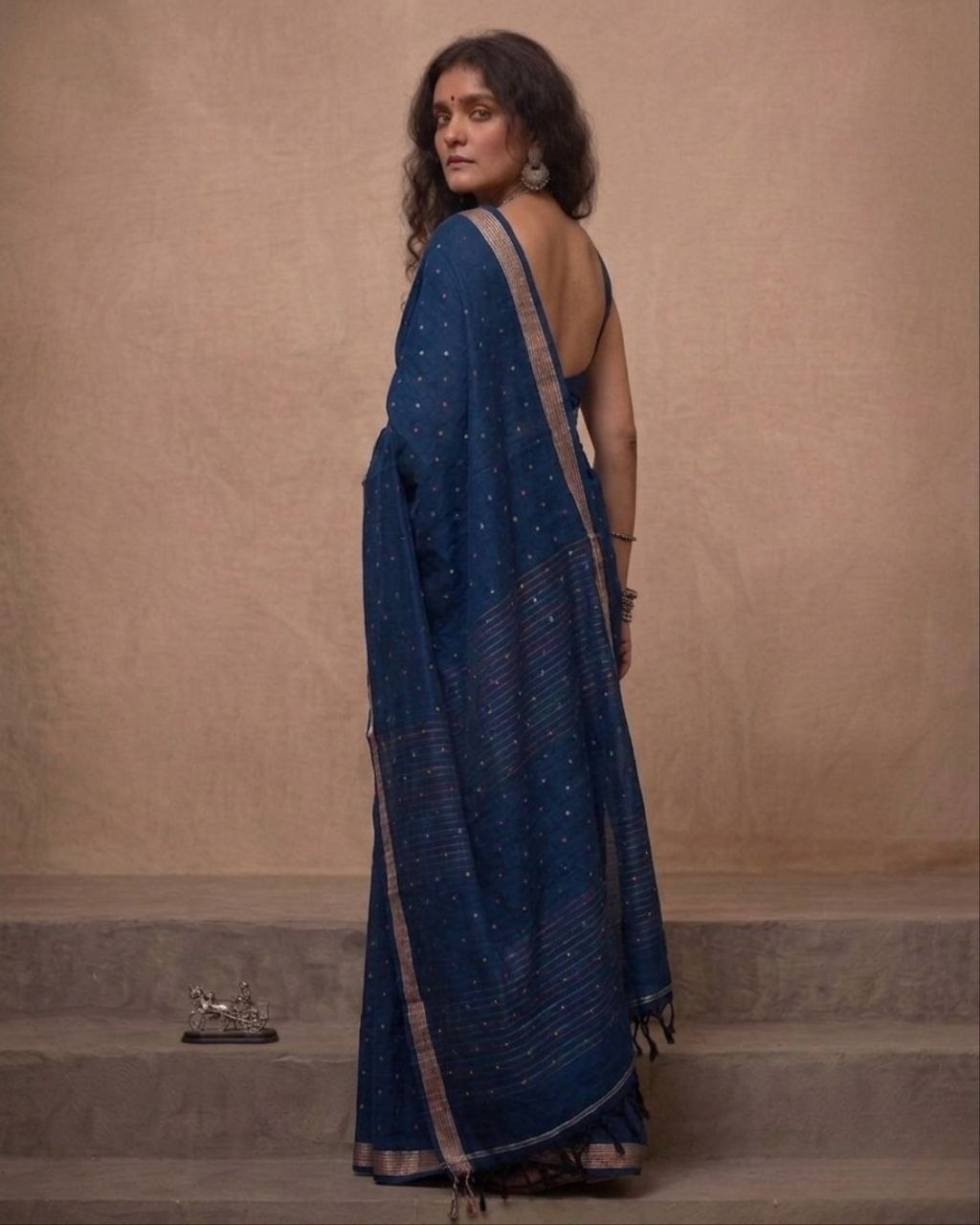 Indigo blue organic cotton linen saree