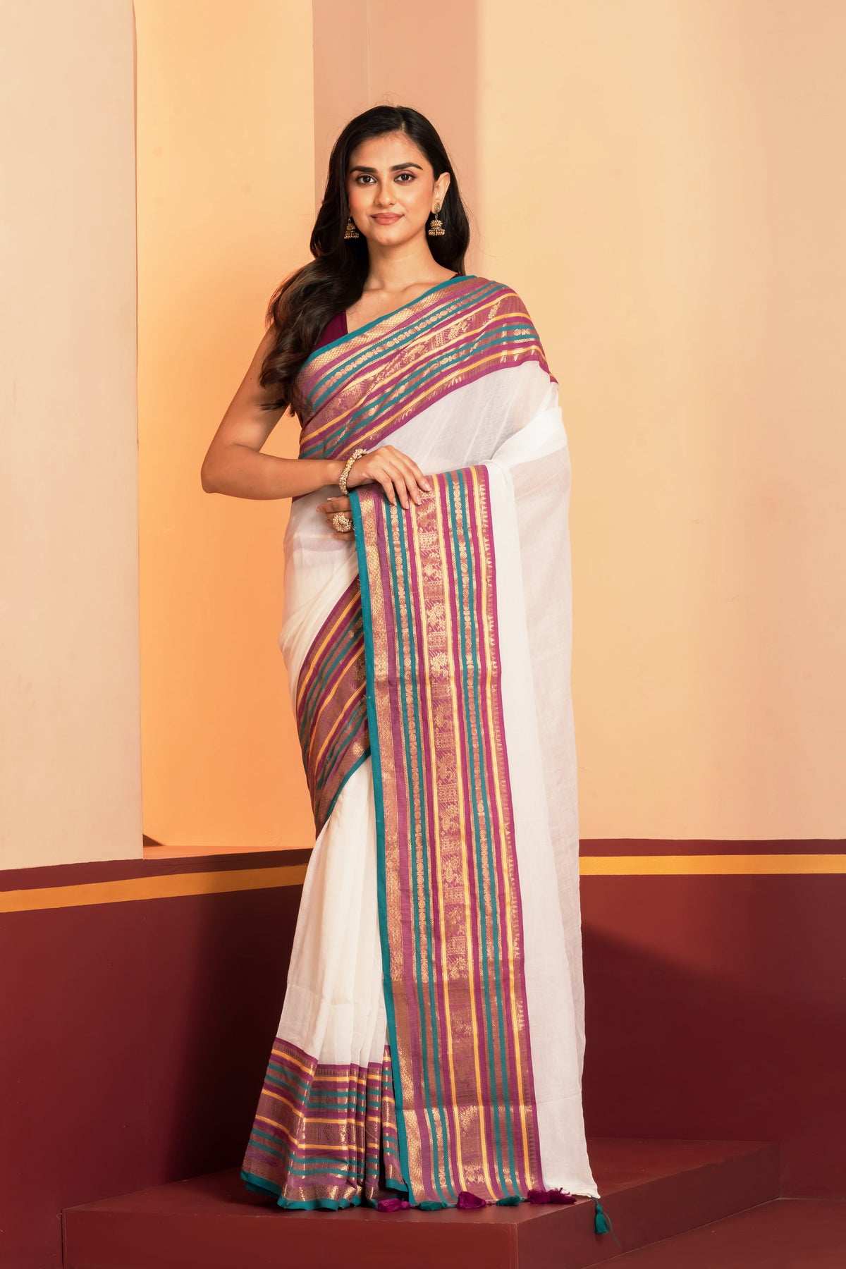 Teal blue kanchi border beige mulmul cotton saree