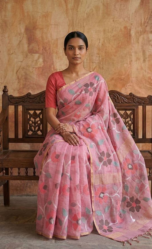 Baby pink all over jamdani woven  Resham Silk