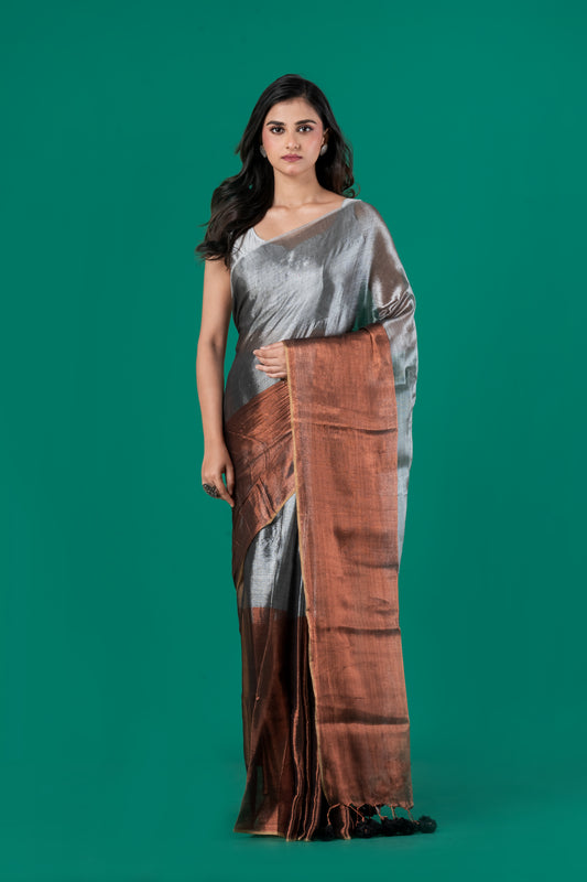 Silver & brown Metallic Cotton Tissue saree