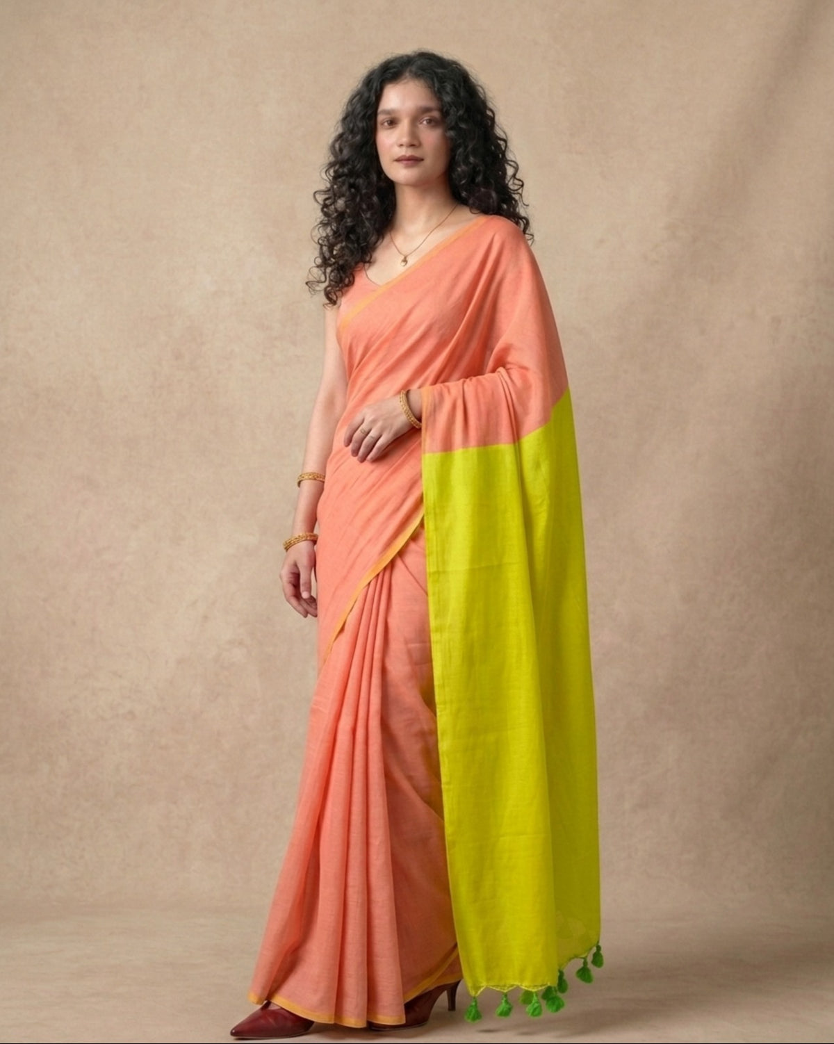 Khadi cotton solid body peach and lemon soft saree