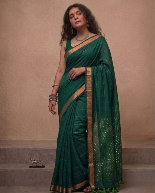 Bottle green premium handspun sequins cotton saree