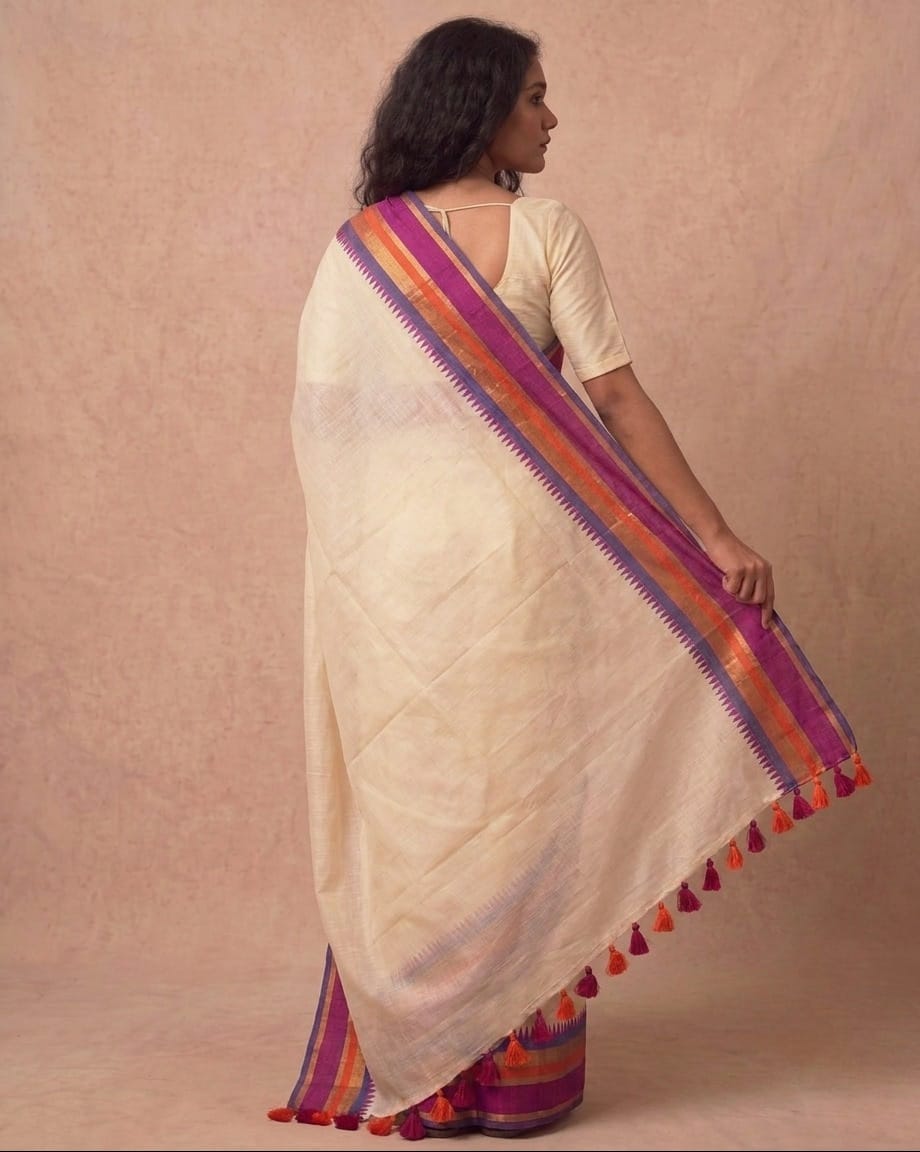 Off white purple-pink kanchi border mulmul saree
