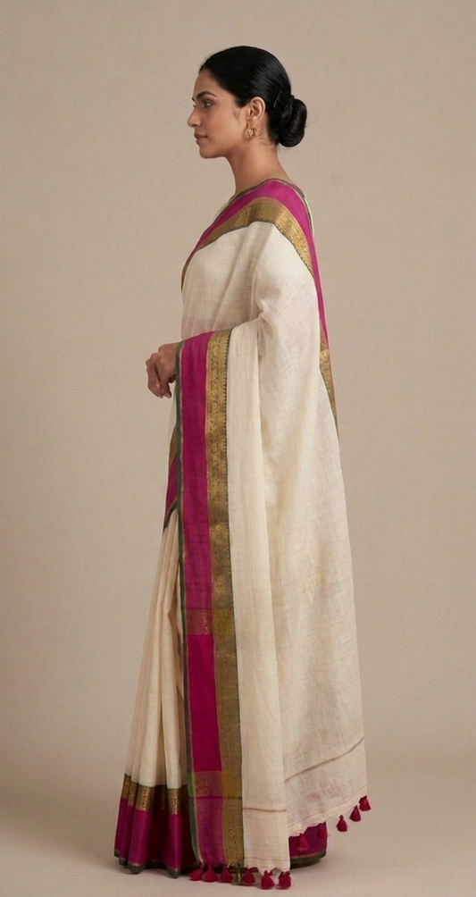 White mulmul cotton pink border saree