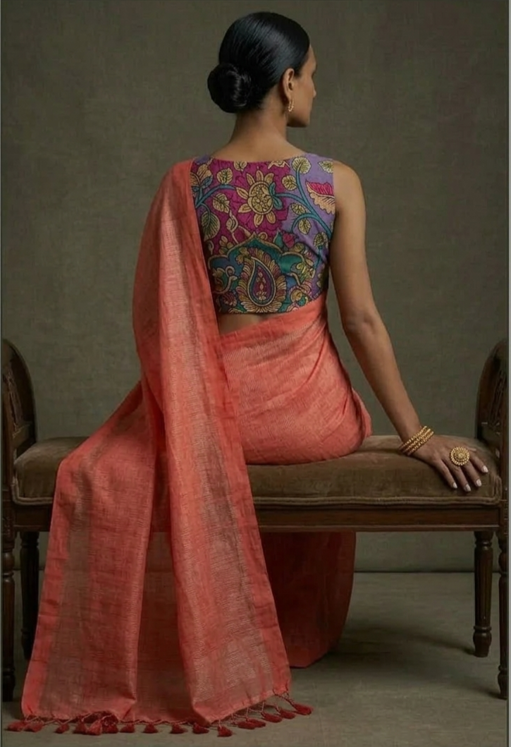 Peach red color mangalgiri cotton sarees with hand-painted kalamkari bP .