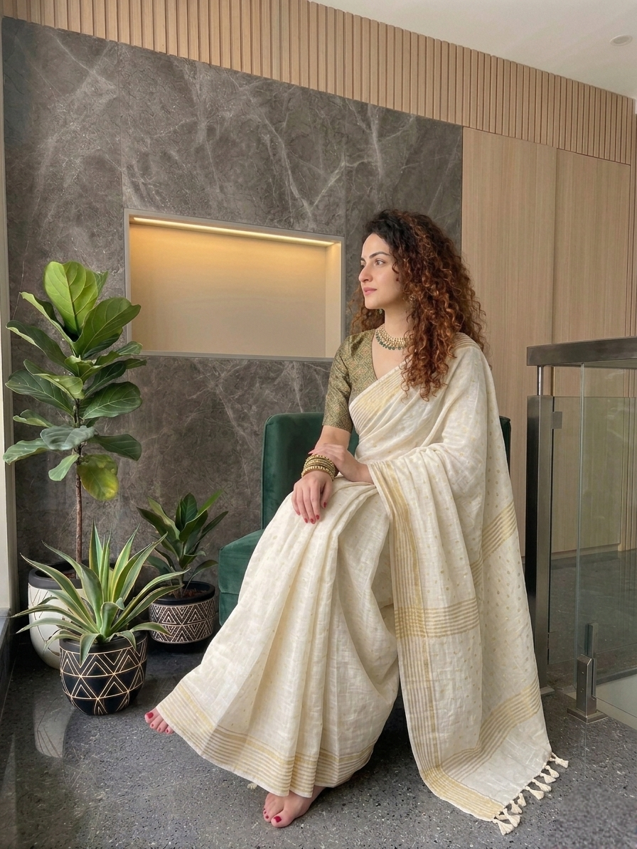 Off White mulmul cotton saree