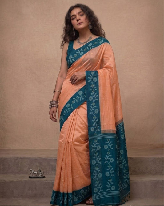 Peach and Teal blue tussar Jamdani saree