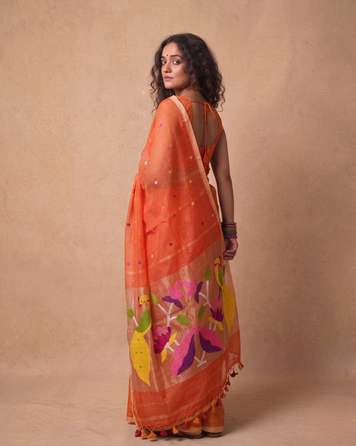 Burnt orange handspun Resham Paithni Silk Saree