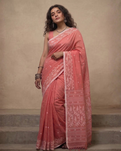 Peach handloom cotton jamdani saree
