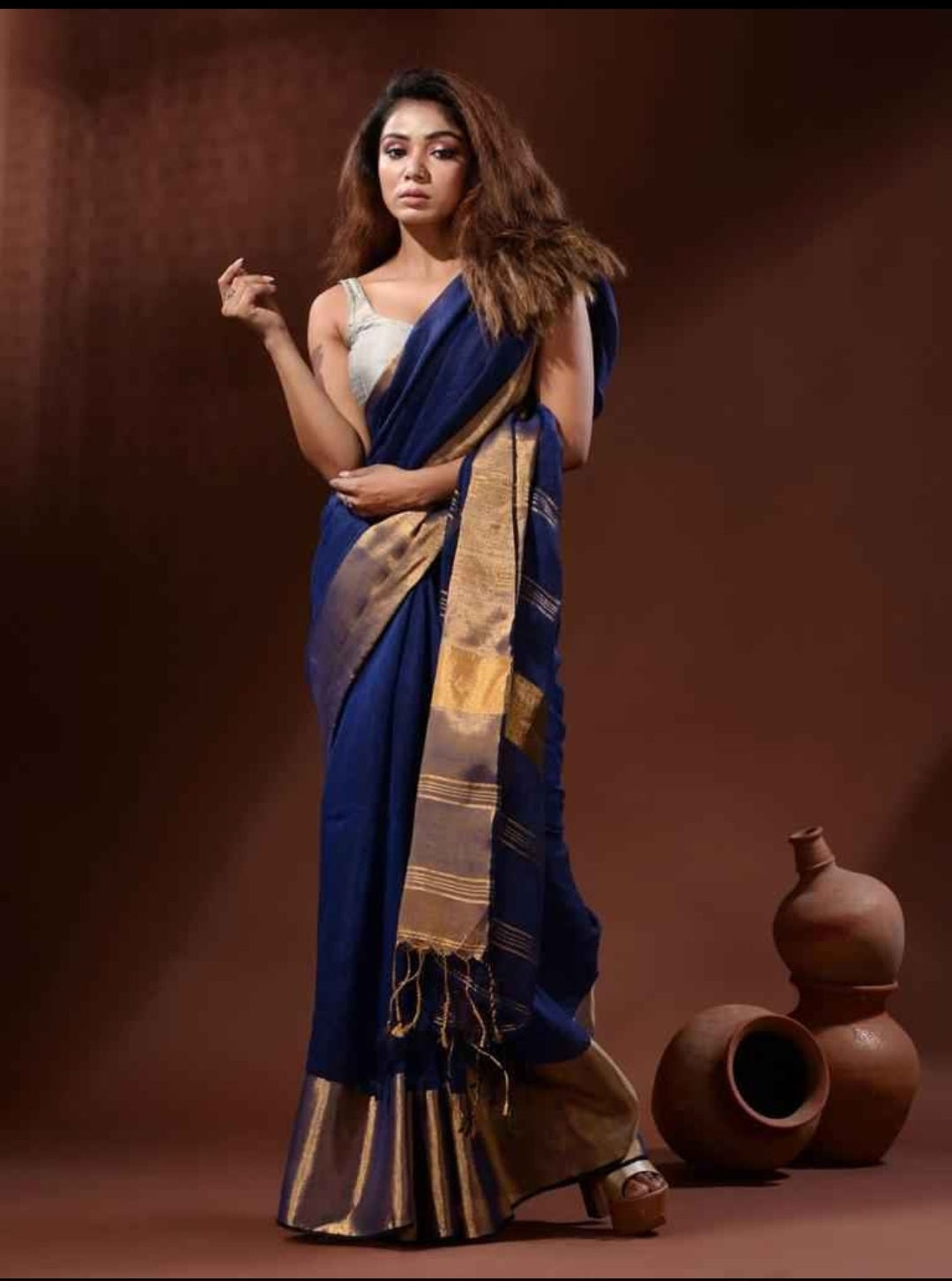 Navy blue Linen Saree