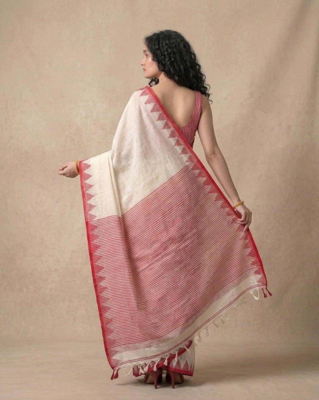 Pure linen red temple border saree