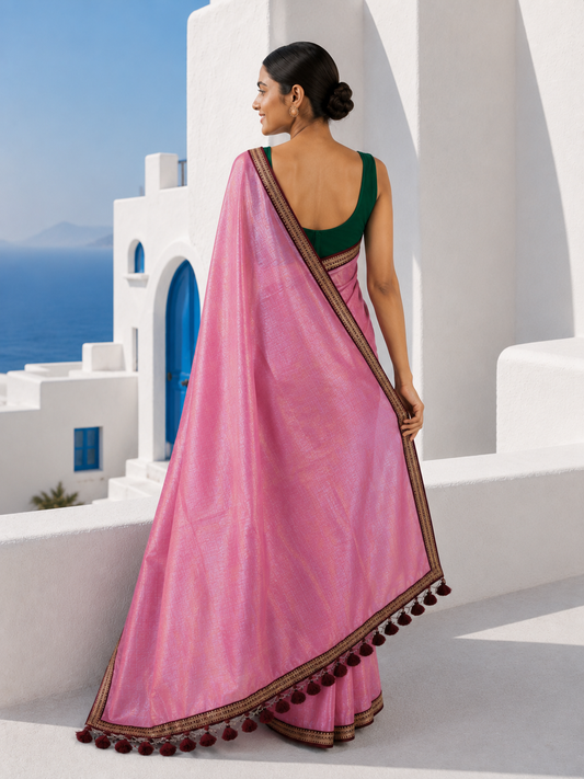 Zari border dual tone pink tissue Cotton saree