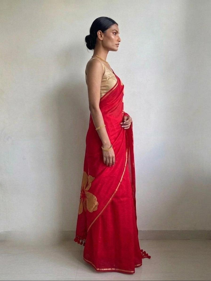 Golden flower tomato red mulmul cotton saree