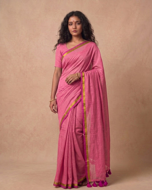 Pink mulmul cotton saree with gold and red border