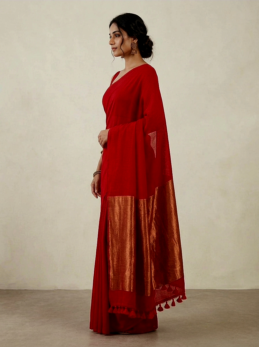 Bright red Mul Modal Saree with Rich Zari Pallu