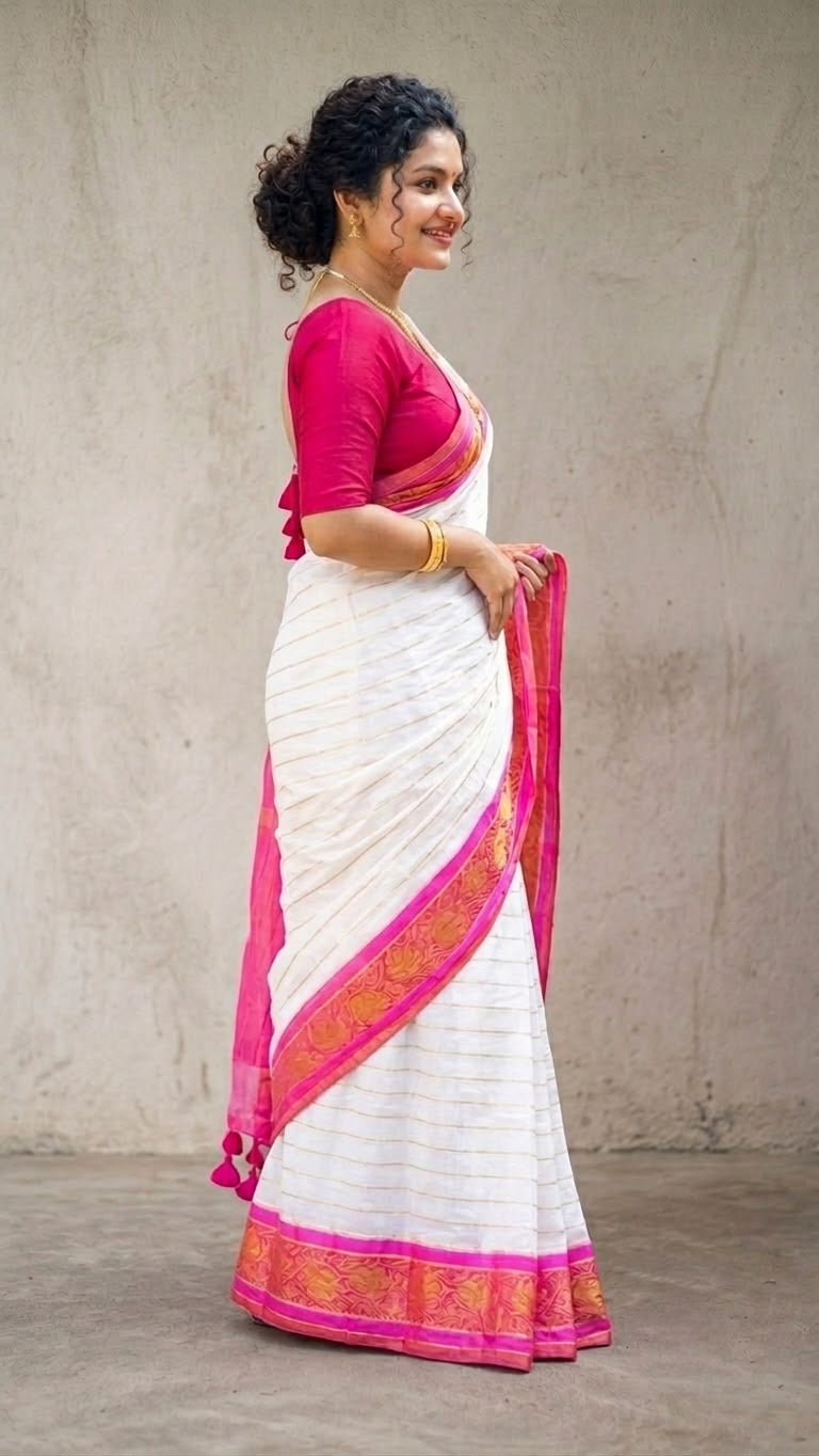 Classic White Mul Cotton Saree with Vibrant Pink Kanchi Zari Border